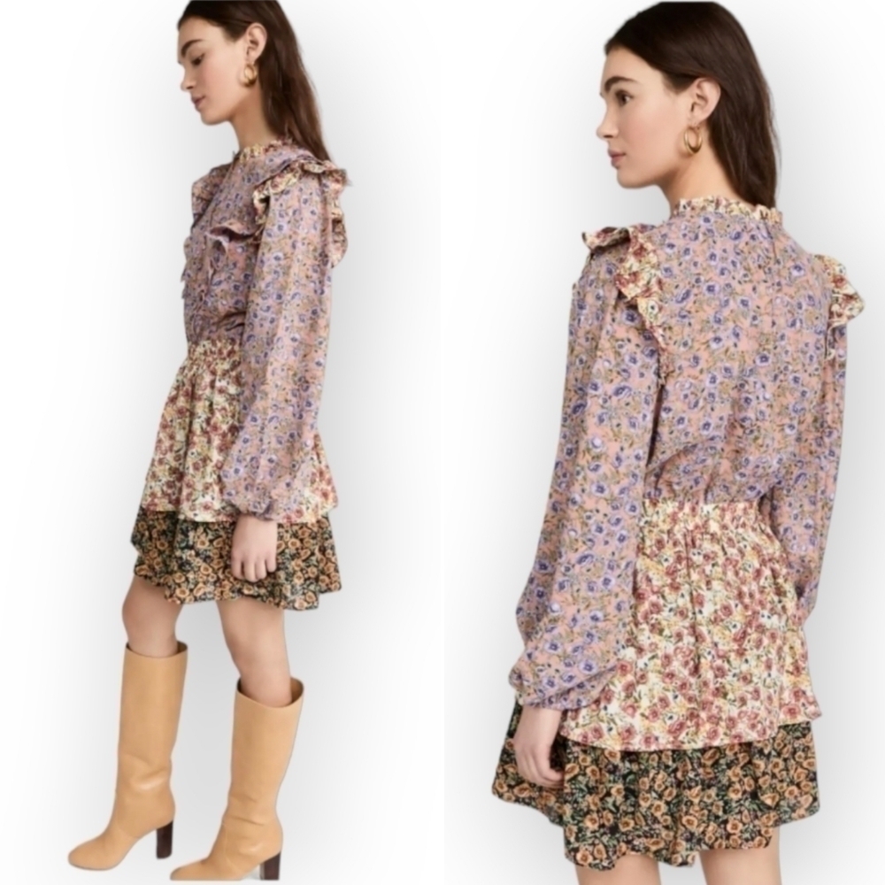 NEW Free The Roses Floral Multi Color Dress Layered Ruffles Long sleeves Size M